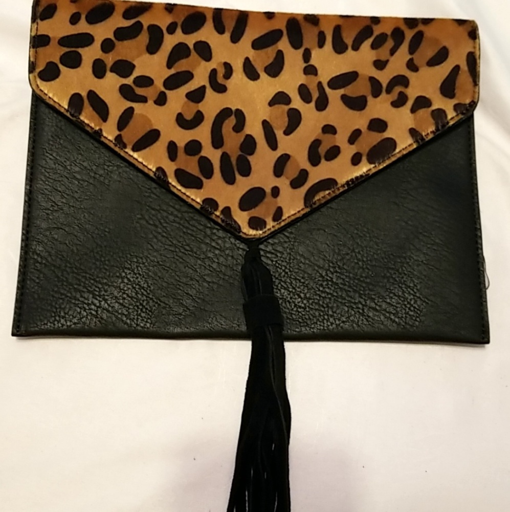 Black & leopard leather envelope clutch.